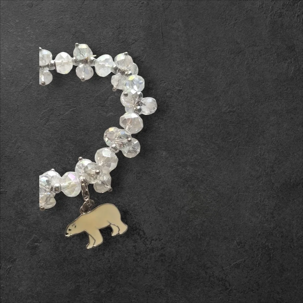 Silver White Crystal Bracelet with Bear Charm Stretch